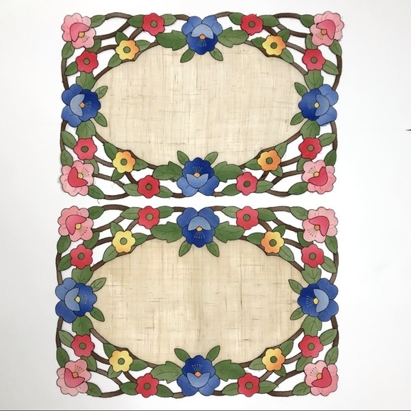 Vintage 9 PC Set Floral Hand Embroidered Scalloped Linen Table Runner Place Mats - Picture 8 of 16